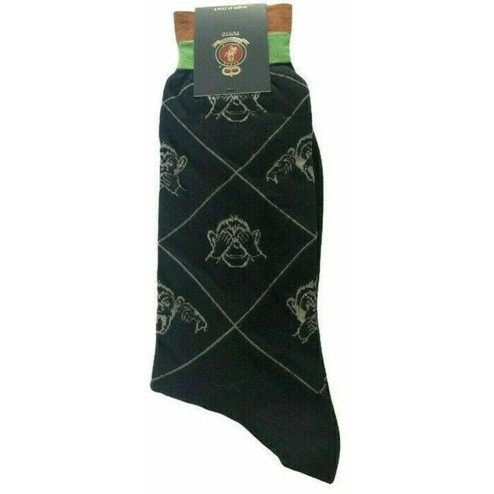 Punto Mens Dress Socks 10-13 Egyptian Cotton Navy Blue Wise Monkeys Italian